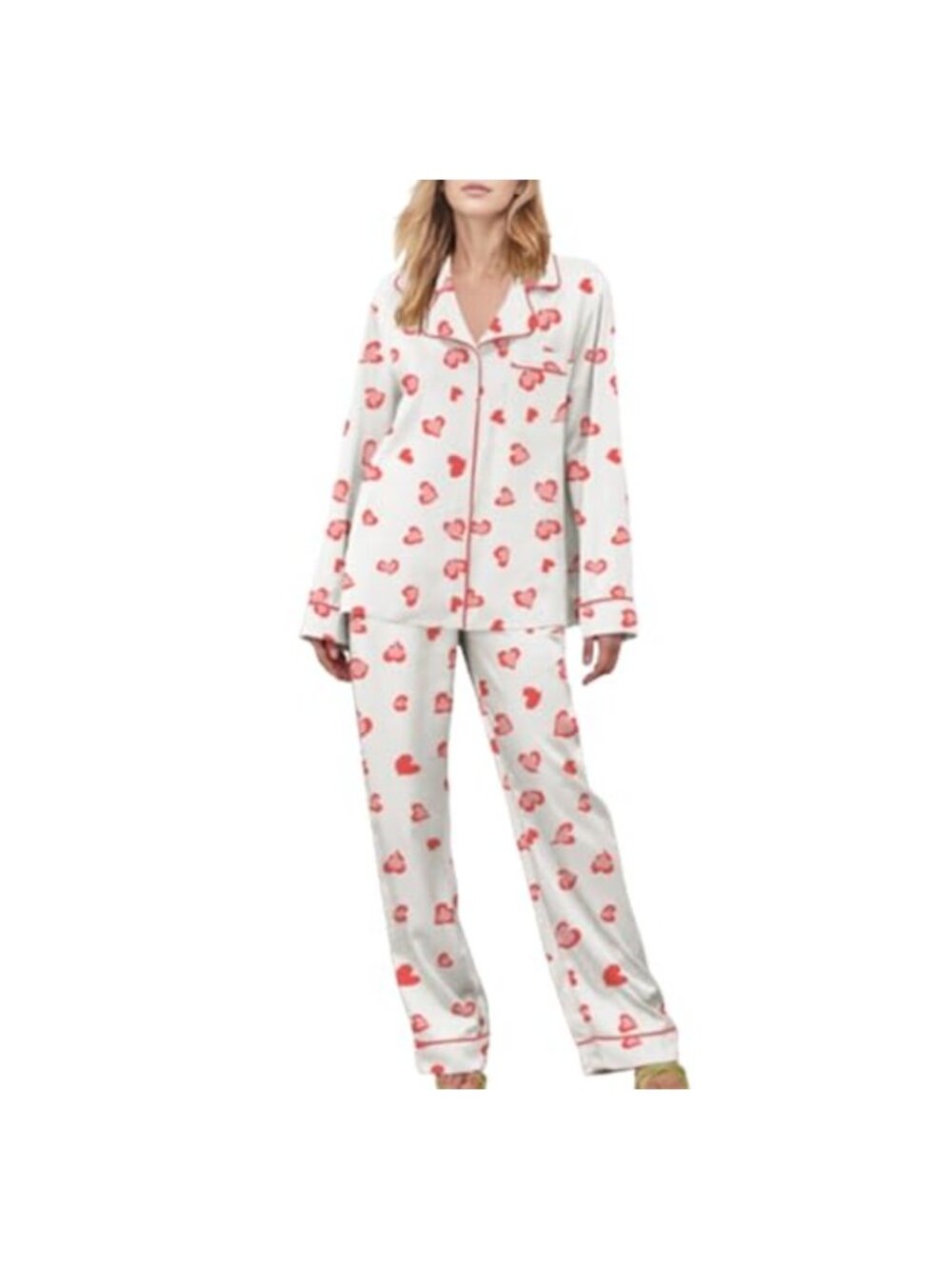 Women 2 Piece Cotton Pajama Set Long Sleeve Button Shirt Elastic Pants